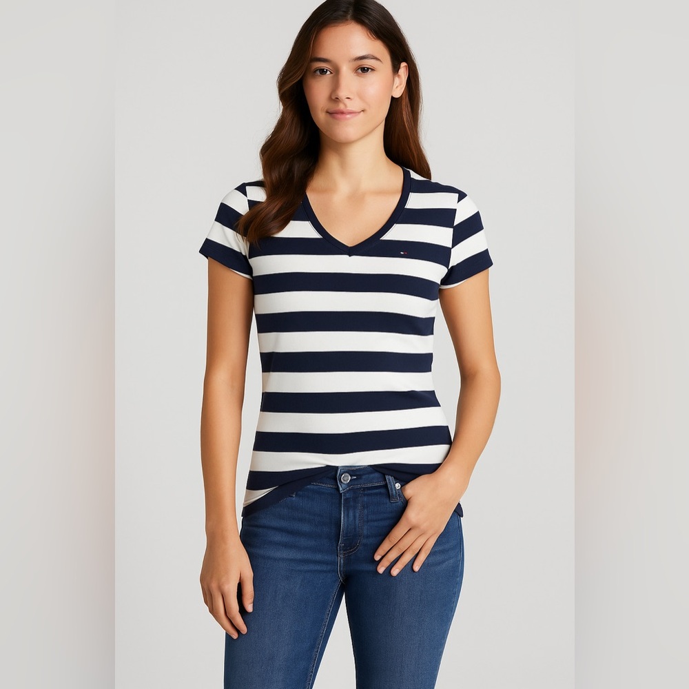 Tommy Hilfiger Women’s Navy & White Striped V-Neck T-Shirt Size S